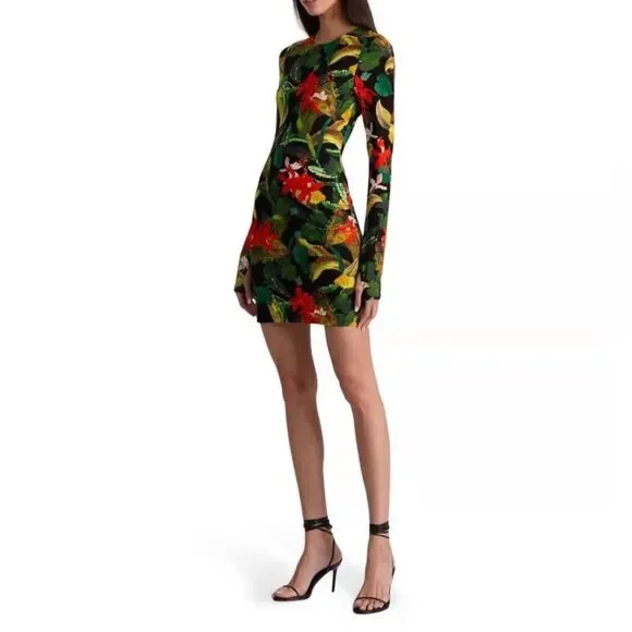 Alice + Olivia Delora Dress 8 Tropical Floral Print Bodycon Mini Long Sleeve NWT